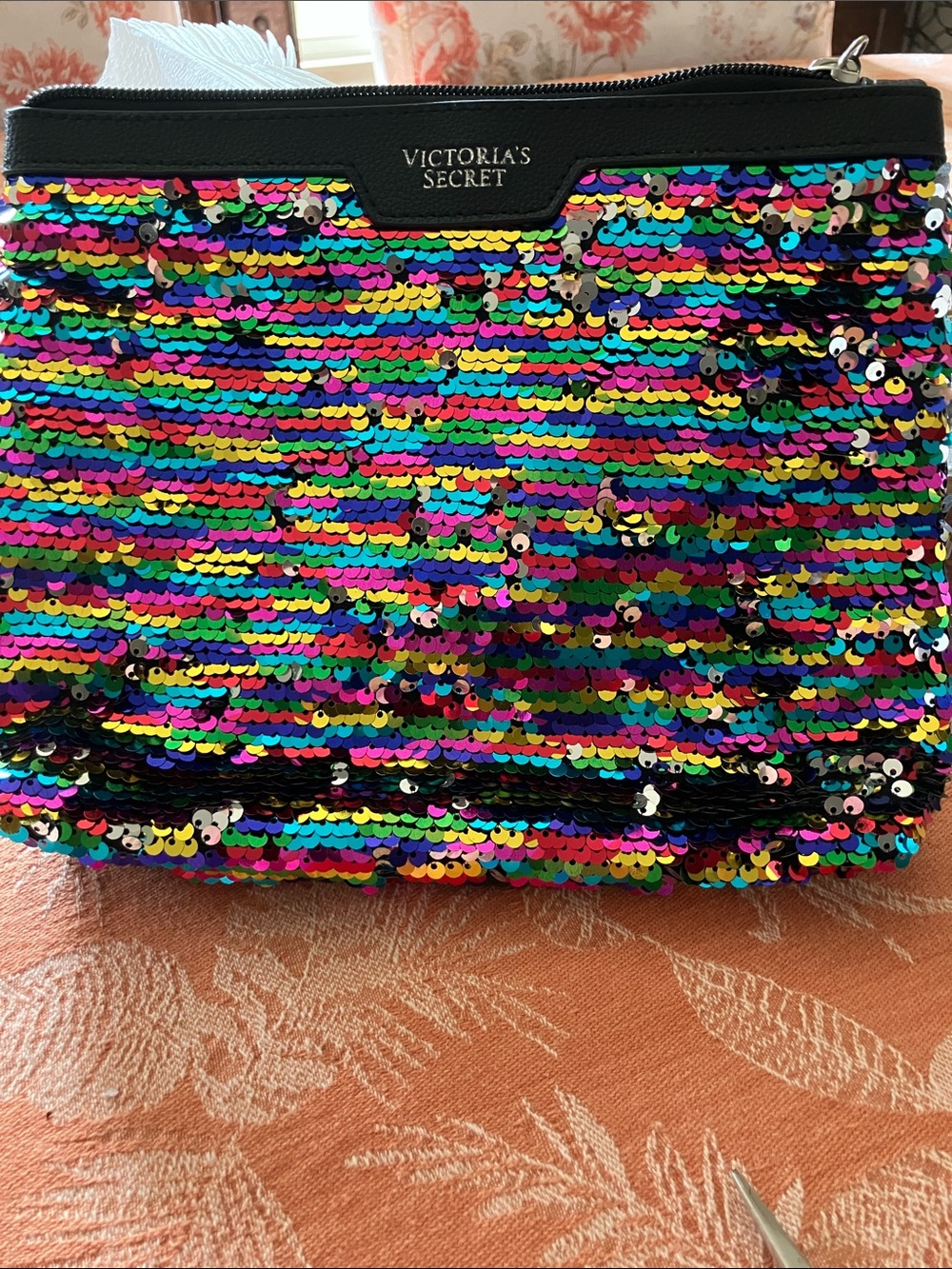 Victoria's Secret Rainbow Sequin Cosmetic Pouch with Black Trim